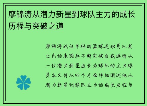 廖锦涛从潜力新星到球队主力的成长历程与突破之道